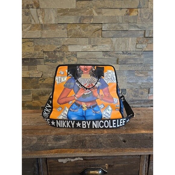 Destiny By Nicole Lee Money Zipper Tote Bag W Shoulder Strap Orange Blue Black - Picture 2 of 9